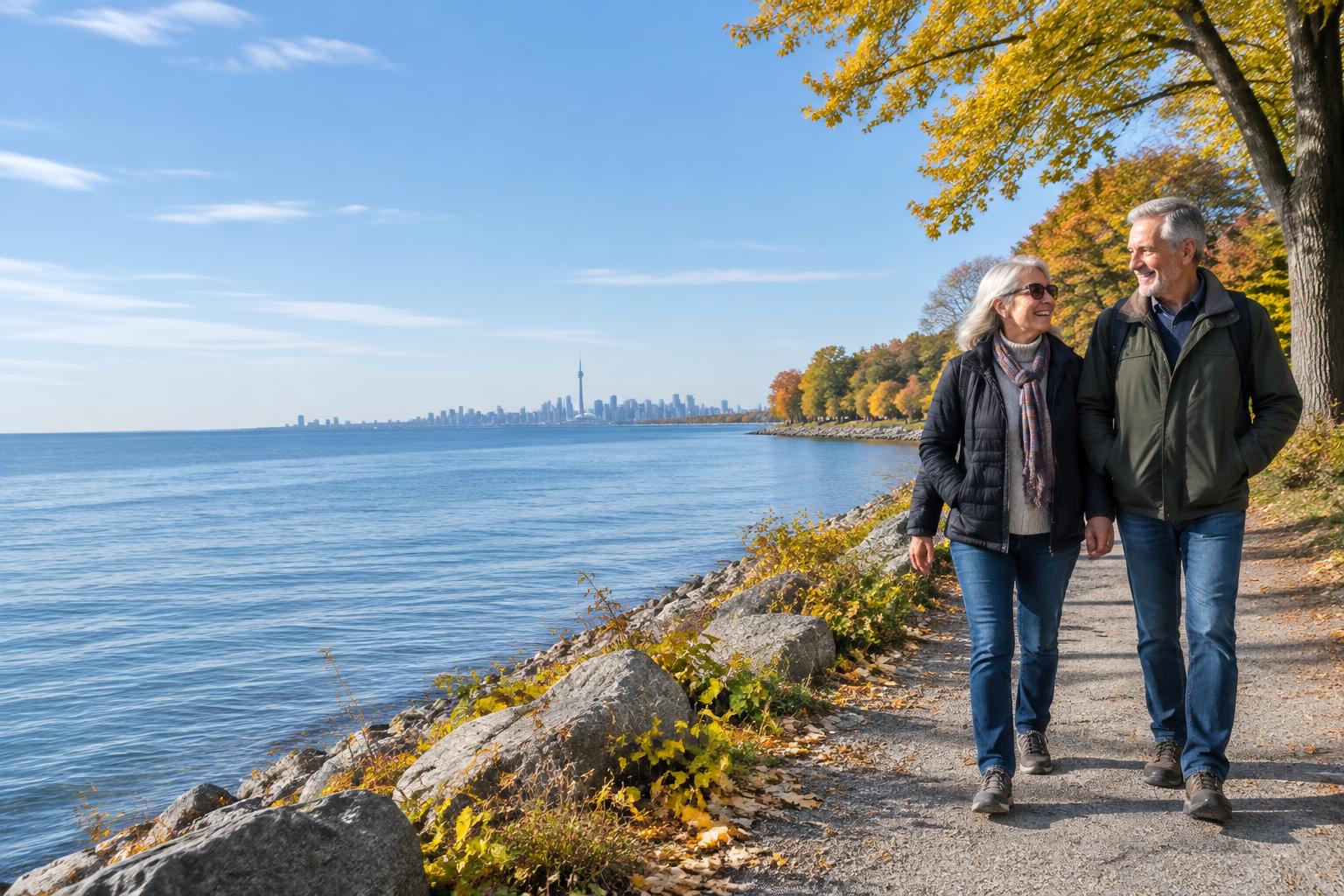 A couple walking together beside Lake Ontario in autumn